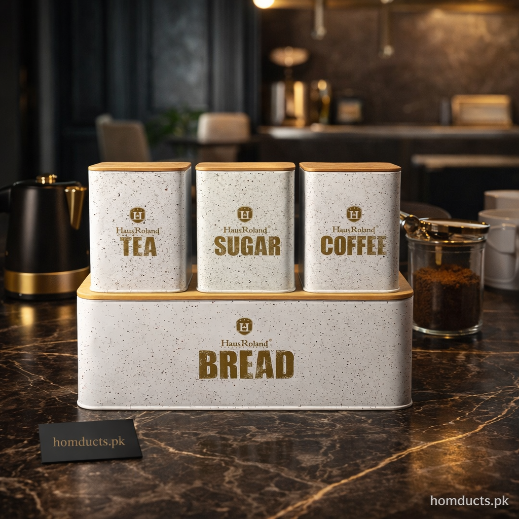 Premium 4-Piece Kitchen Storage Canister & Bread Box Set – Tea, Sugar, Coffee & Bread Organizer