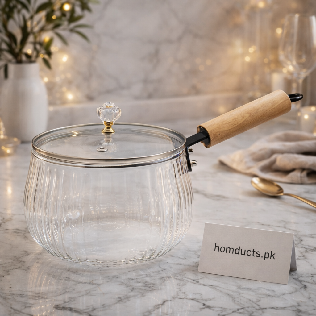 Luxury Clear Glass Saucepan with Wooden Handle & Lid – 2500ml Cooking Pot