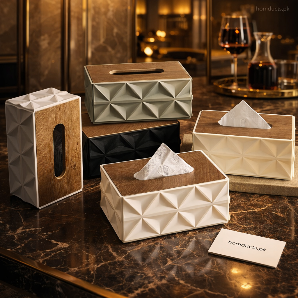 Luxury Geometric Tissue Box Holder with Wooden Lid – Premium Home & Office Décor | 1 Pc