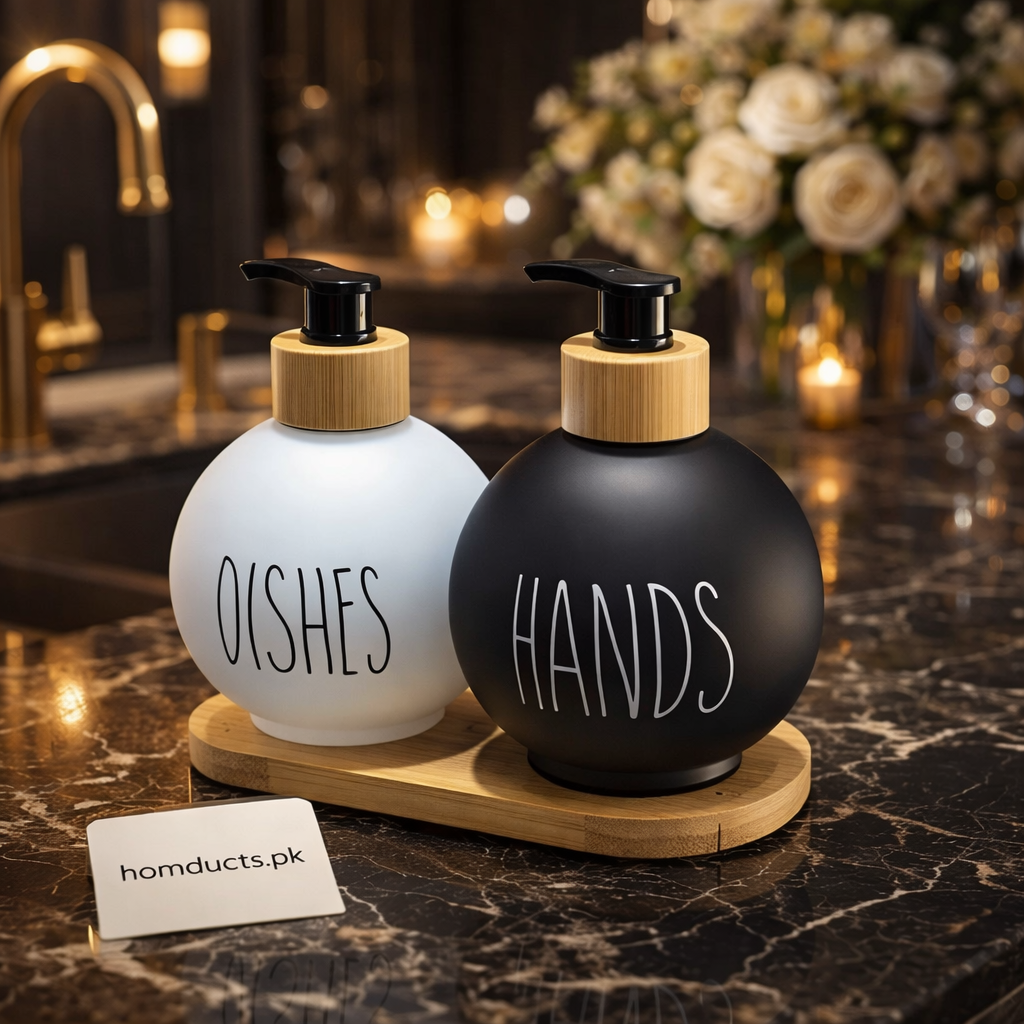 Luxury Dual Soap & Dish Liquid Dispenser Set with Wooden Tray | Modern Kitchen & Sink Organizer