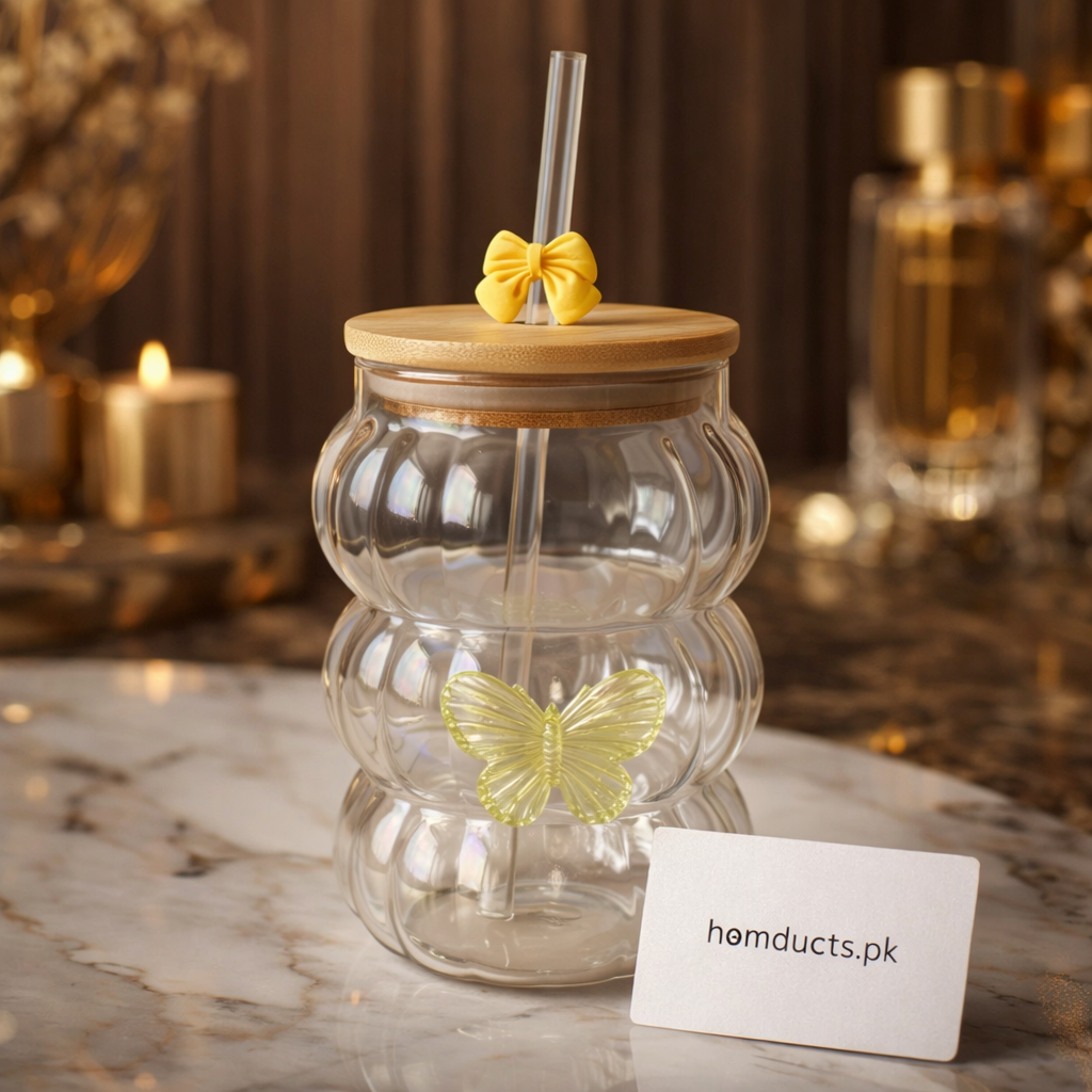 Luxury Pumpkin Glass Tumbler with Bamboo Lid & Reusable Straw – Butterfly Design | Aesthetic Drinkware