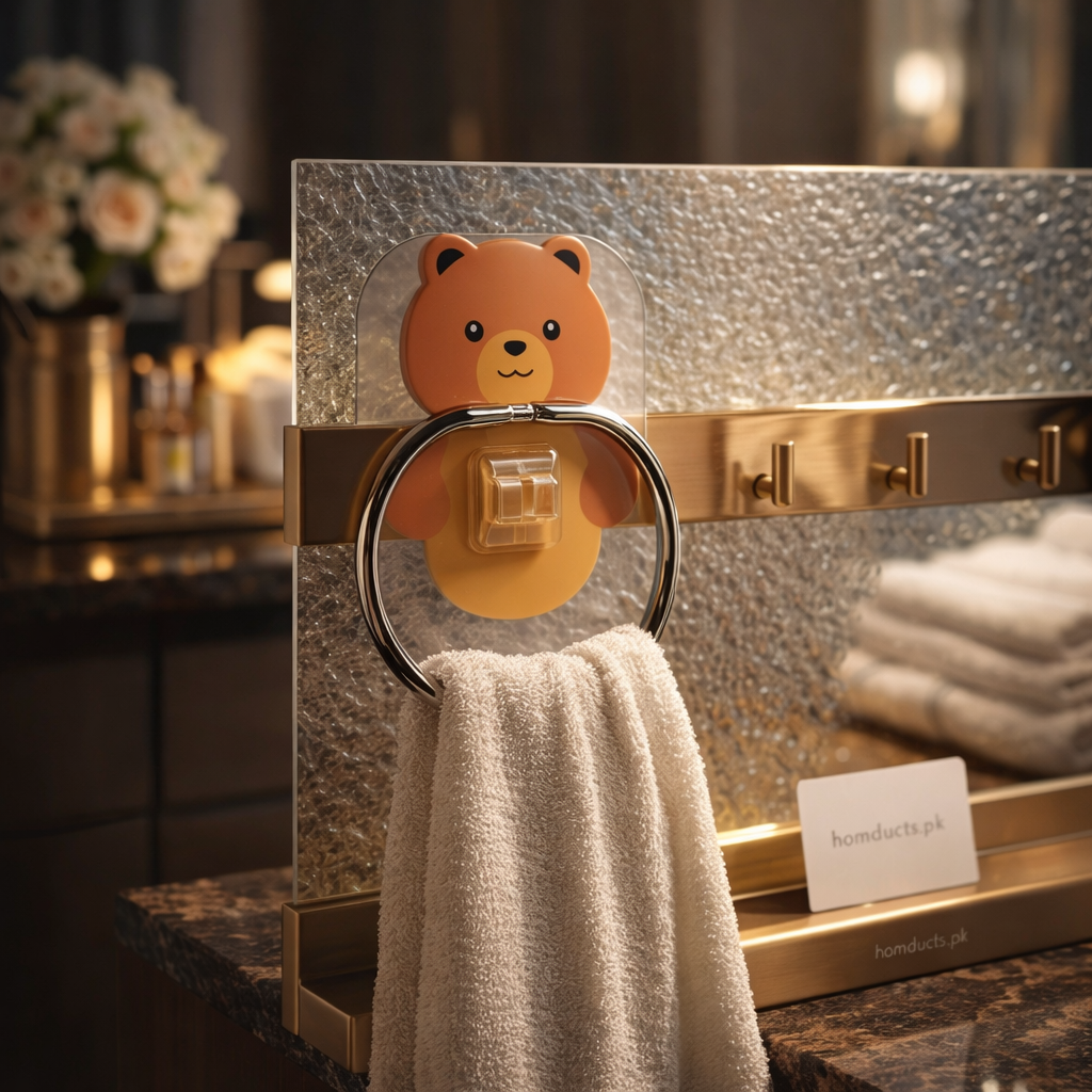 Cute Bear Adhesive Bathroom Towel Holder – Wall Mounted No-Drill Hook