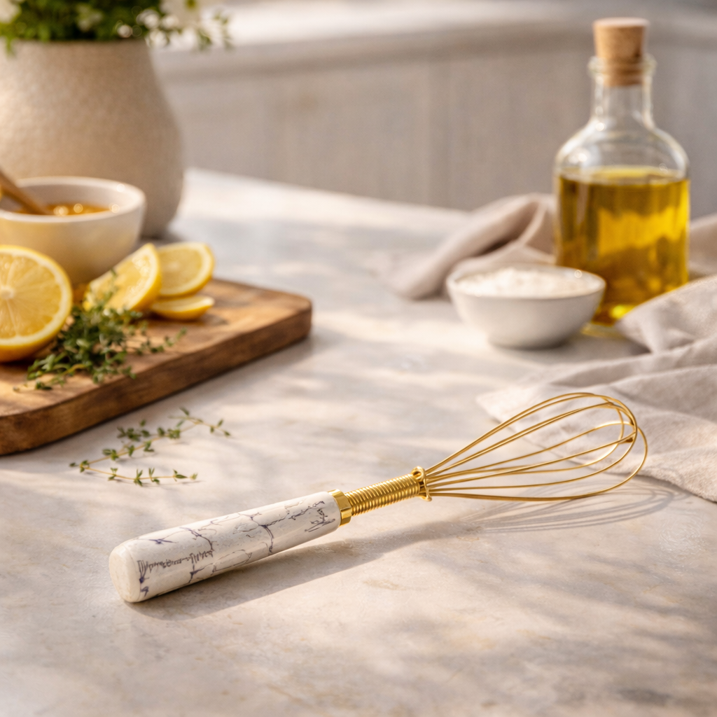 Premium Gold Mini Handheld Whisk – Marble Handle Kitchen Coffee & Baking Whisk