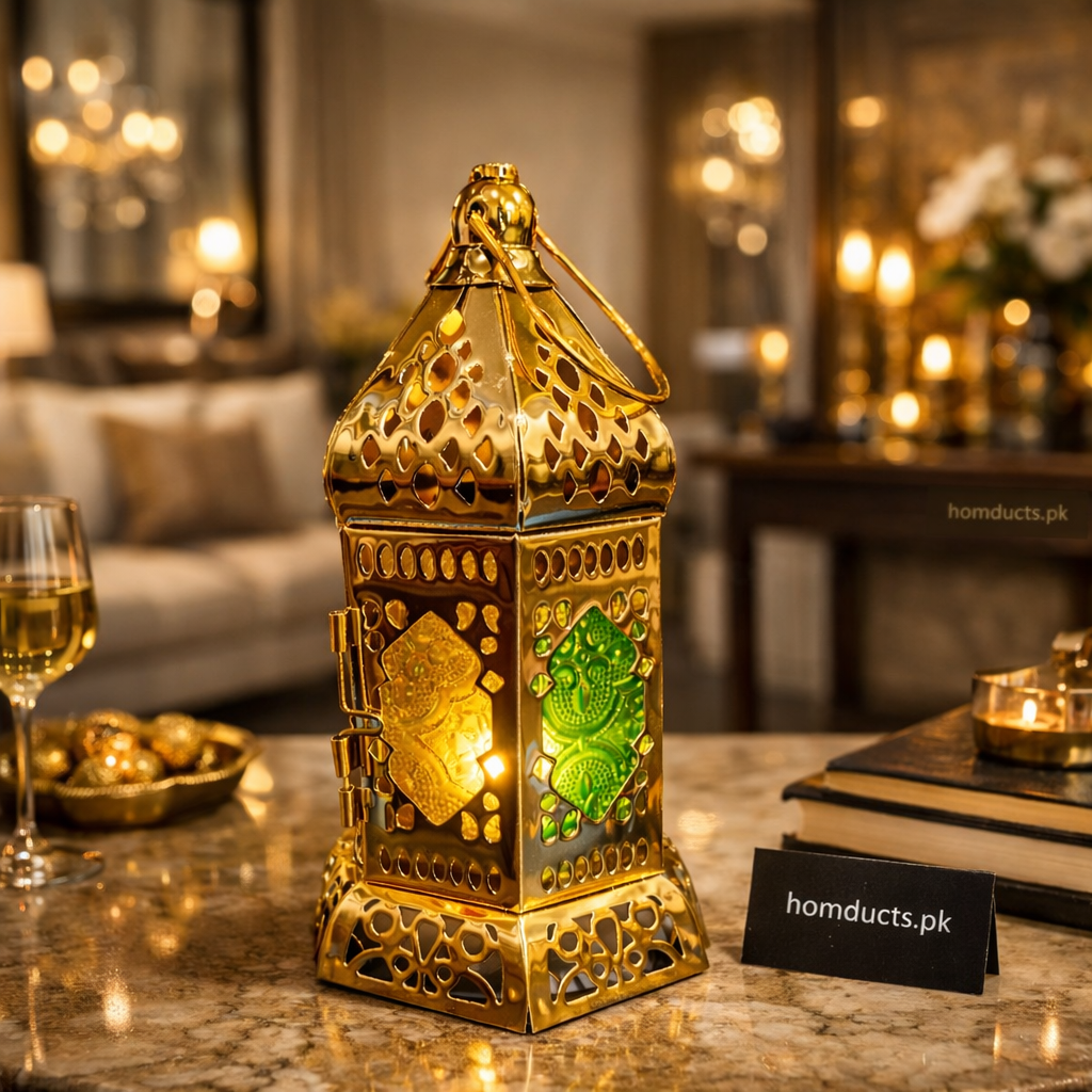 Luxury Ramadan Decorative Lantern – Premium Golden Moroccan Candle Lamp for Home Décor & Festive Table Setting