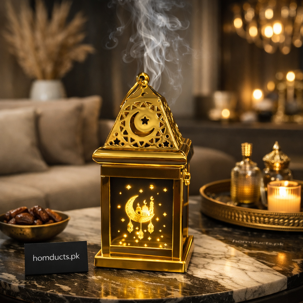 Luxury Islamic Bakhoor Burner Lantern – Golden Ramadan Incense Lamp with LED Glow & Crescent Moon Design