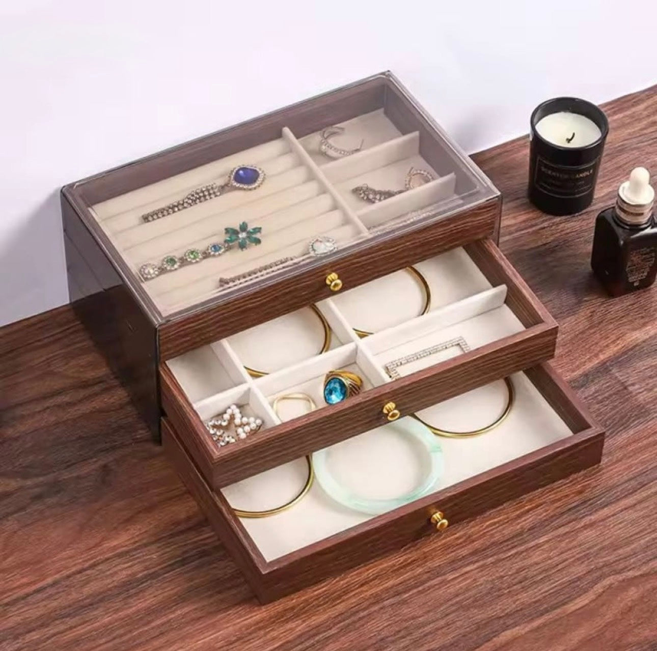 Luxury 3-Layer Wooden Jewelry Organizer Box with Glass Display & Velvet Compartments