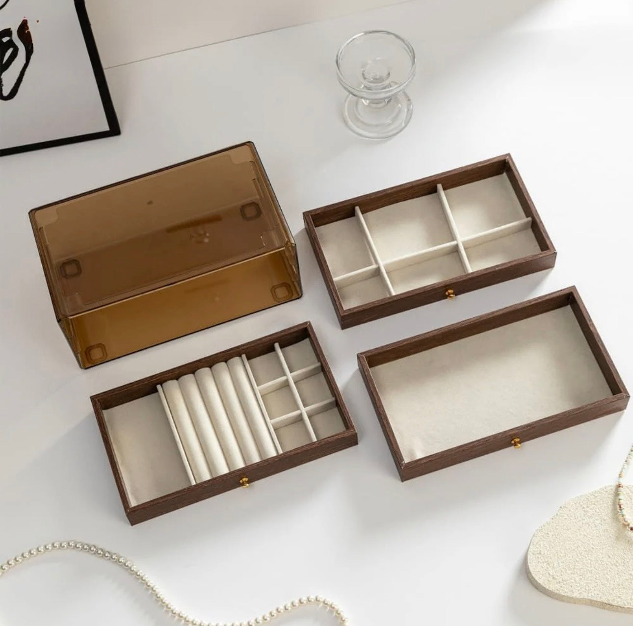 Luxury 3-Layer Wooden Jewelry Organizer Box with Glass Display & Velvet Compartments