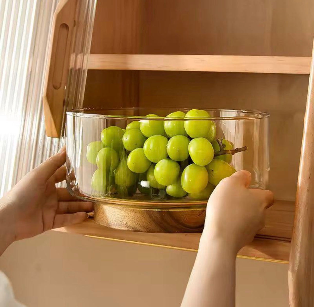Premium Glass Fruit Bowl with Wooden Base – Elegant Serving & Kitchen Display Bowl (1 PC)
