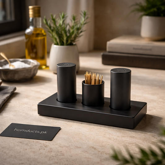 Premium 3-Piece Salt Pepper & Toothpick Holder Set with Tray