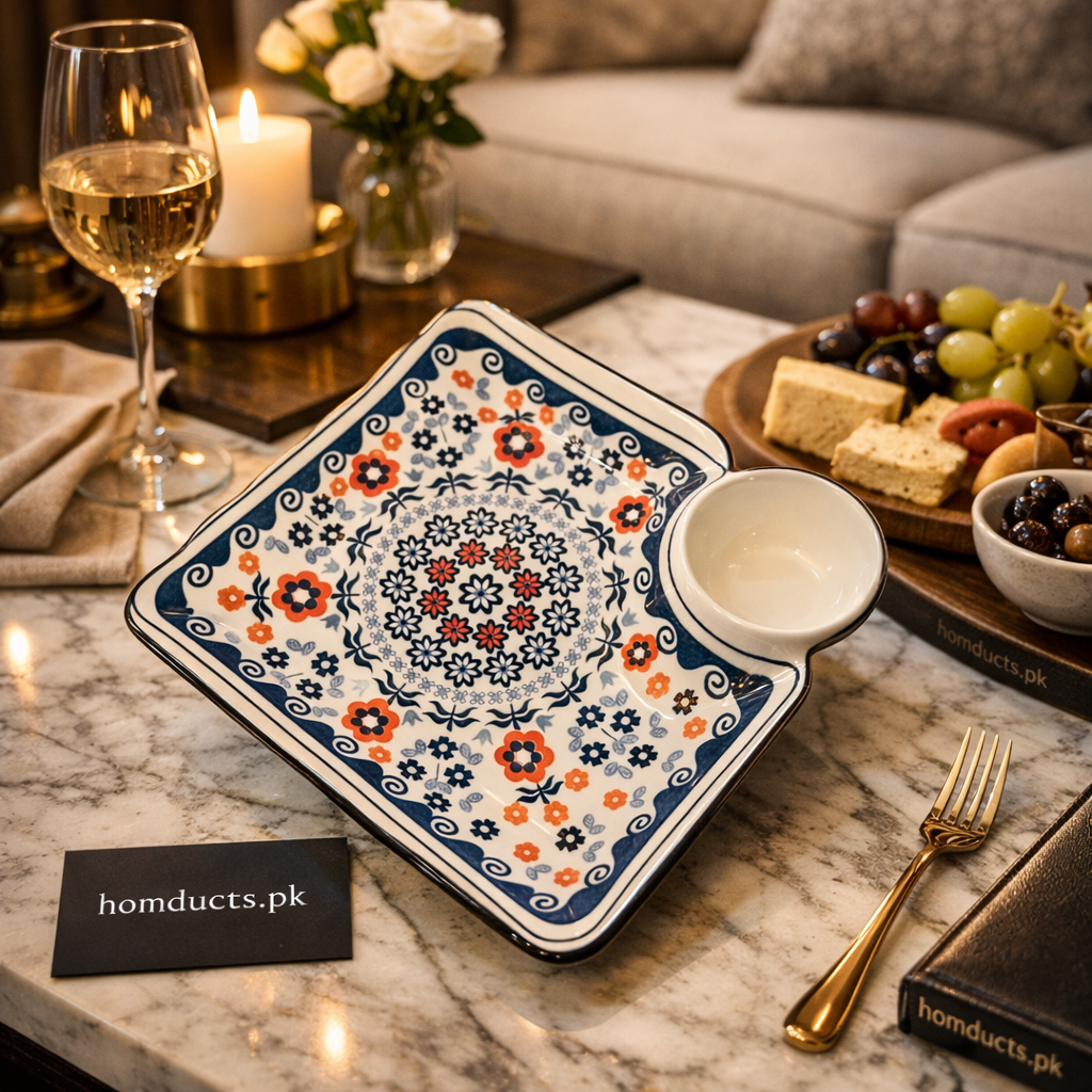 Premium Ceramic Serving Platter with Built-in Dip Bowl – Elegant Sectioned Snack & Appetizer Plate