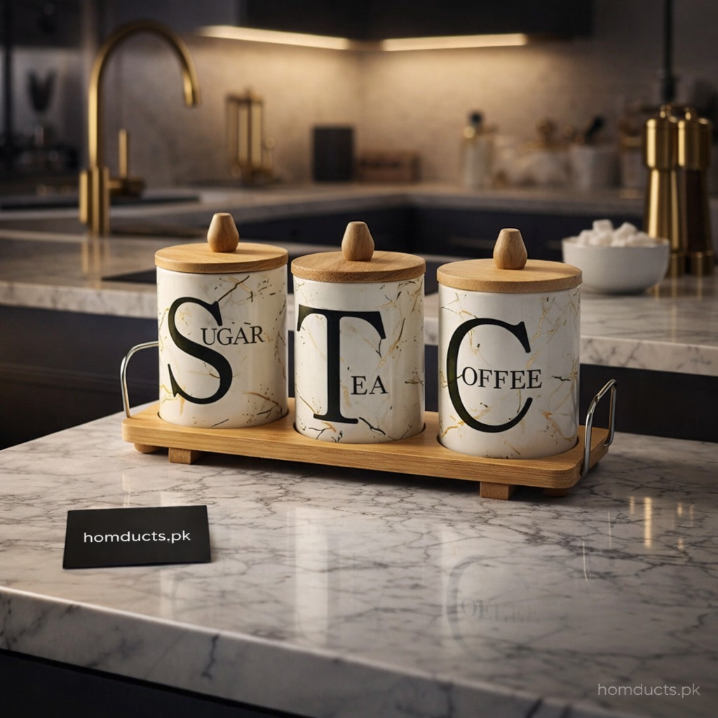 Premium 3-Piece Ceramic Kitchen Storage Jar Set with Wooden Stand – Sugar, Tea & Coffee Canisters