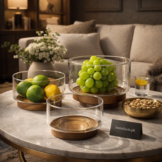 Premium Glass Fruit Bowl with Wooden Base – Elegant Serving & Kitchen Display Bowl (1 PC)