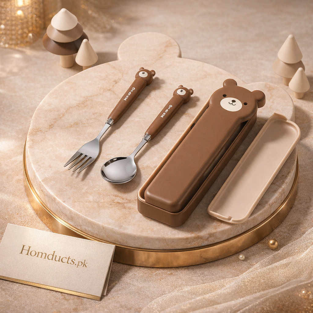 Cute Bear Kids Stainless Steel Spoon & Fork Set with Storage Case – 2 Pcs