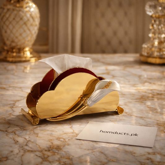 Luxury Golden Decorative Tissue Holder with Floral Accent – Premium Tabletop Organizer