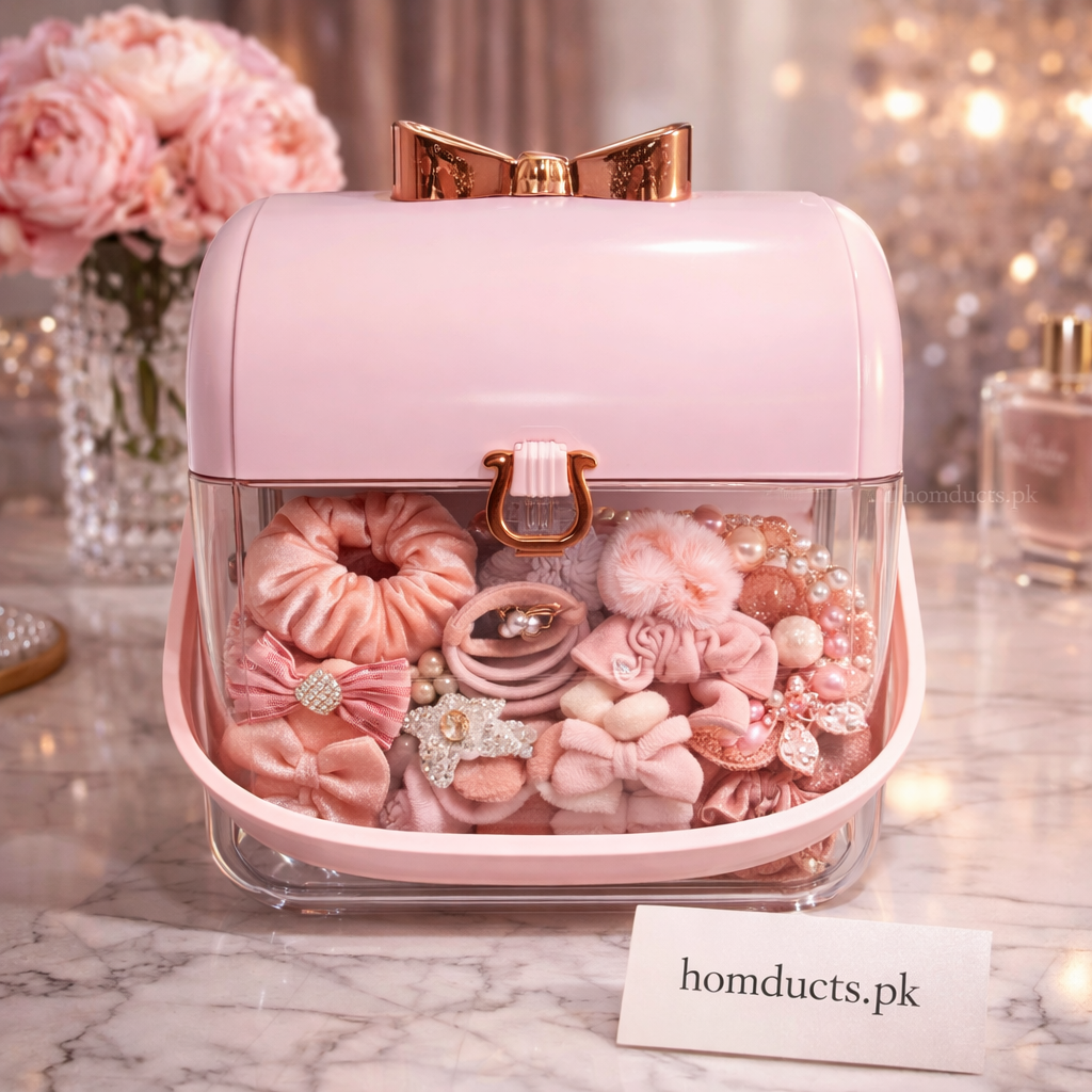 Luxury Pink Hair Accessories Storage Box – Premium Organizer for Scrunchies, Clips & Girls Essentials | Homducts.pk