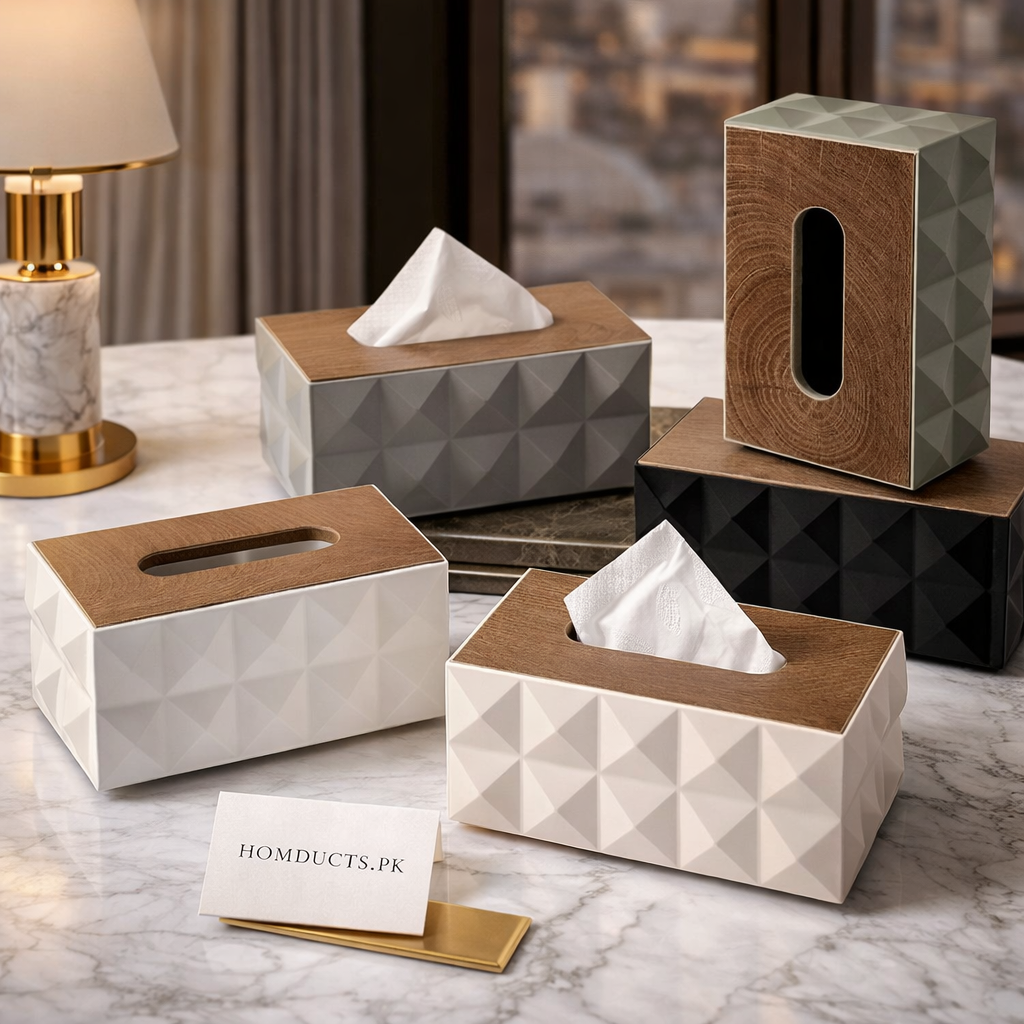 Luxury Geometric Tissue Box Cover with Wooden Lid – Premium Home & Office Décor 1pc