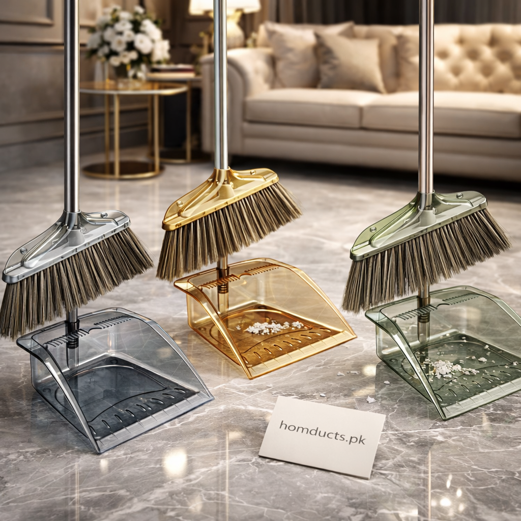 Luxury Transparent Broom & Dustpan Set – Premium Standing Sweeping Set for Home & Office