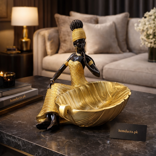Luxury Gold African Lady Decorative Bowl Sculpture – Premium Modern Home Centerpiece
