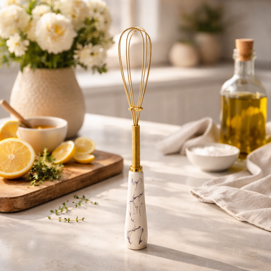 Premium Gold Mini Handheld Whisk – Marble Handle Kitchen Coffee & Baking Whisk