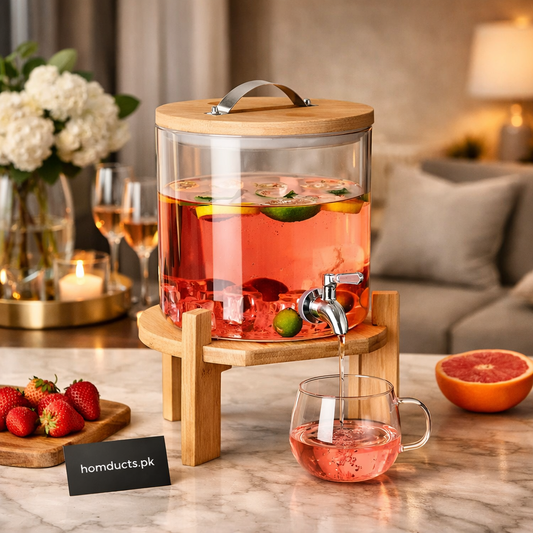 Premium 2.6L Glass Beverage Dispenser with Wooden Stand & Tap – Luxury Drink Server for Juice, Lemonade & Iftar Drinks