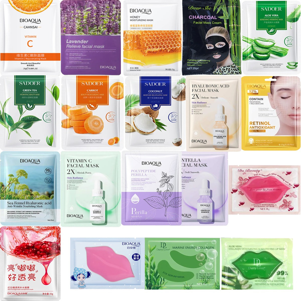 BIOAQUA Pack of 15 Moisturizing Facial Face Sheet Mask & Hydrating,  Moisturizing, Skin Care 11 Sheet Mask 4 peel of mask