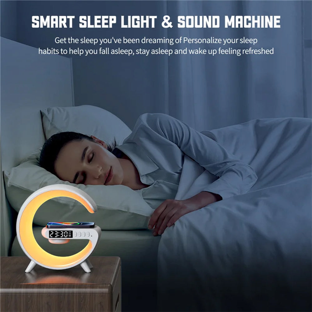 G63 Multifunction Wireless Charger Pad, Stand Speaker, Alarm Clock, RGB Night Light Lamp
