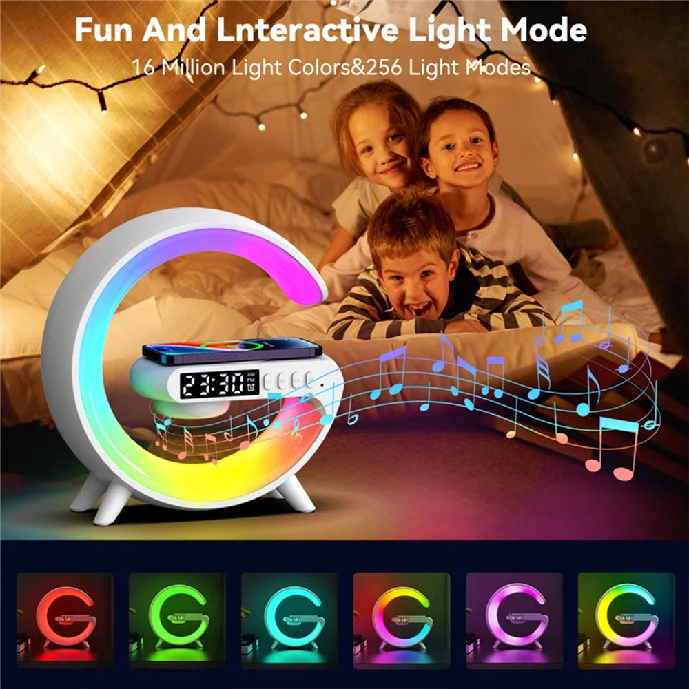 G63 Multifunction Wireless Charger Pad, Stand Speaker, Alarm Clock, RGB Night Light Lamp
