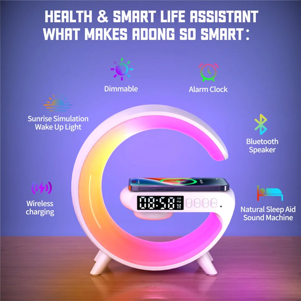 G63 Multifunction Wireless Charger Pad, Stand Speaker, Alarm Clock, RGB Night Light Lamp